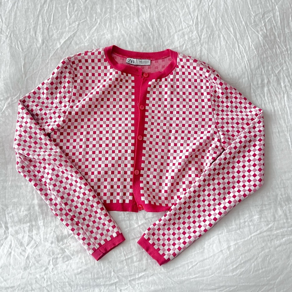 Zara Cropped Pink Checkered Jacket